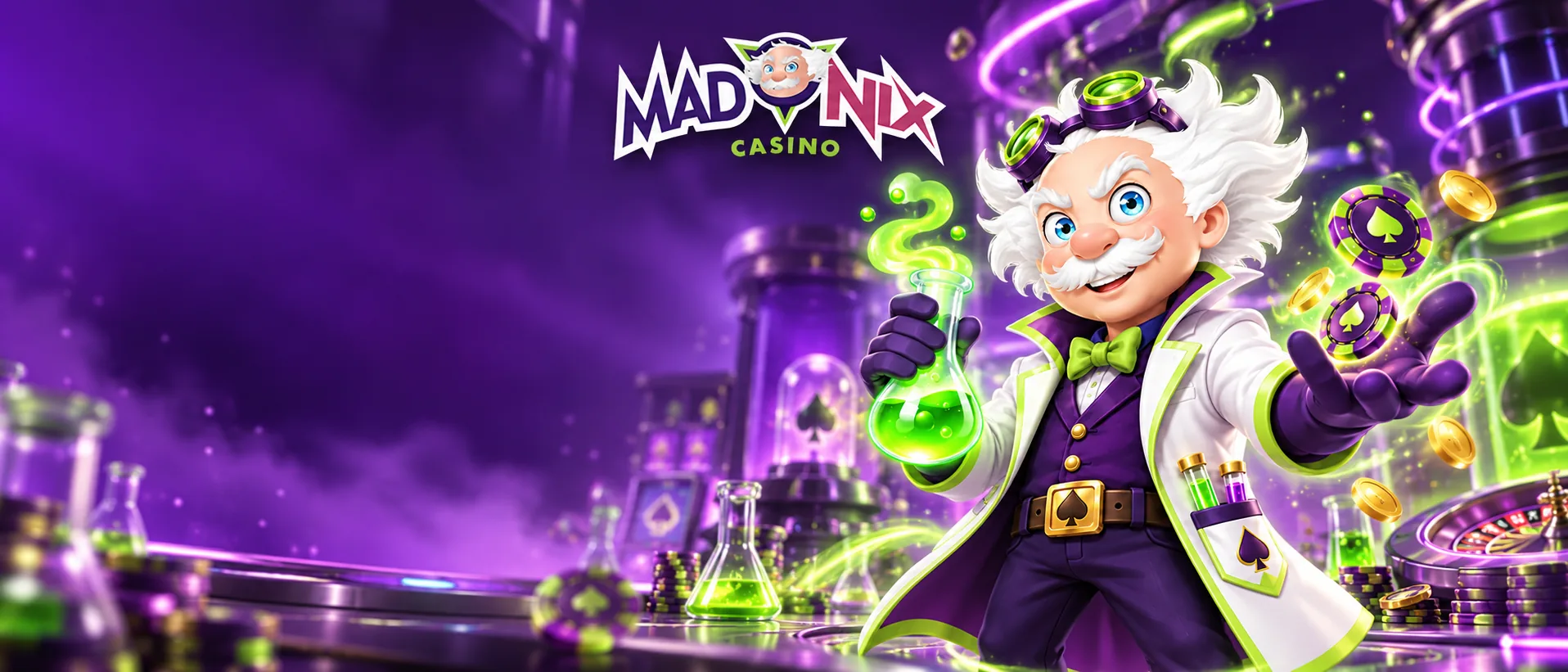 Univers de laboratoire Madnix Casino avec le professeur et des jetons